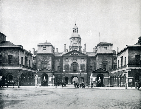 Photograph of Horse Guards a historic building in the City of Westminster, London, built in the mid-18th century - barracks and stables for the Household Cavalry. Between the early 18th century and up to 1858, the main military headquarters for the British Empire.