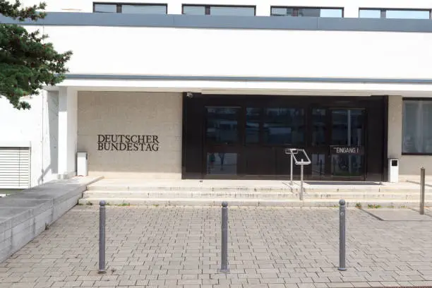 Entrance to the former "Deutscher Bundestag" (German federal parliament) at the building World Conference Center Bonn (former Bundeshaus), Germany
