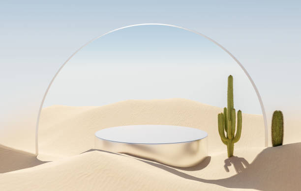 istock 3D rendering, Platform and natural podium on the desert with cactus tree and glass arch backdrop for product display, Blank showcase, mock up template or cosmetic presentation with empty round stage 1433303550