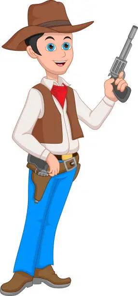 Vector illustration of cartoon cowboy holding gun