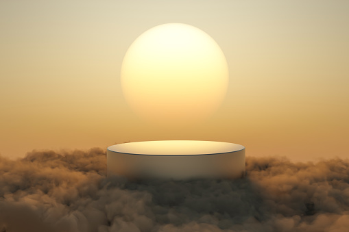3d render Platform and beauty sunset podium on cloud with sun and sky for product stand display advertising cosmetic beauty products or skincare with empty round stage