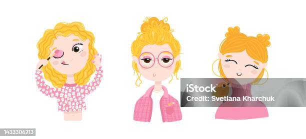 Little Blonde Girls In Pink She Does Makeup Wearing Glasses With A Bird  Cute Fashionable Character