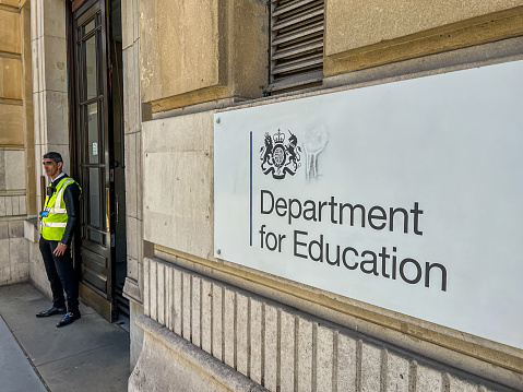 London, UK- September 16, 2022:  The office building of Department for Education, London. The Department for Education (DfE) is a department of His Majesty's Government responsible for child protection, child services, education apprenticeships and wider skills in England.