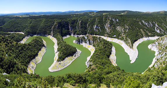 Panorama of Uvac river meander curves  seen from Molitva point at the top of the Canyon. Southwest of Serbia