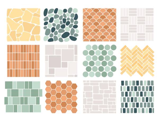 Decorative natural stone textures template. Top view rock yard floor tile square. Mosaic design for home, exterior and interior granite racy vector elements Decorative natural stone textures template. Top view rock yard floor tile square. Mosaic design for home, exterior and interior granite racy vector elements of design stone view top illustration garden pathway stock illustrations