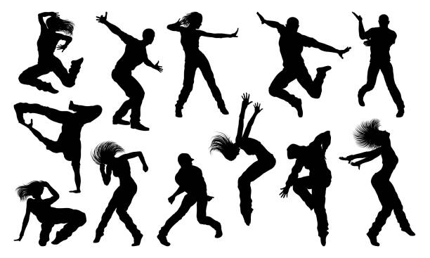 Street Dance Dancer Silhouettes A set of men and women street dance hip hop dancers in silhouette dance troupe stock illustrations