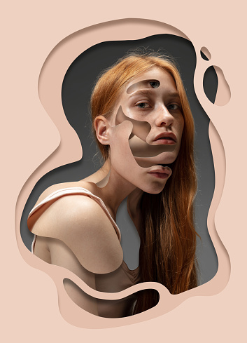 Sadness. Young woman's face over pastel color background. Poster graphics. Ideas, inspiration, fashion. Different emotions, facial expression, psychology of personality concept. Monochrome, minimalism