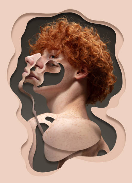 istock Inner emotions, feelings. Creative artwork with young redhead man on light background with textured and layering effect. Ideas, inspiration, fashion, beauty 1433310389