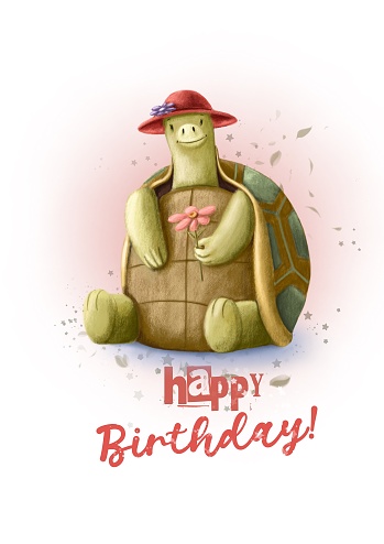 happy birthday watercolor style card with funny turtle, holiday greeting illustration with cartoon character