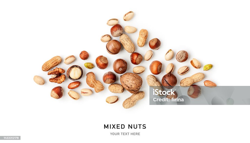 Mixed nuts on white background. Creative layout Mixed nuts creative layout isolated on white background. Healthy eating and dieting food concept. Peanut, walnut, hazelnut, pistachio and macadamia composition and design element. Top view, flat lay Nut - Food Stock Photo