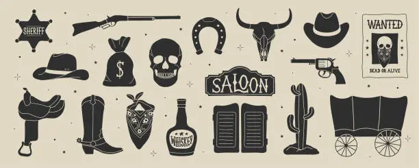 Vector illustration of Wild west elements in modern flat, line style. Hand drawn vector illustration: cowboy boot, hat, saloon doors and sign, bandana, bull and human skull, revolver, cactus, whiskey bottle, wagon, rifle.