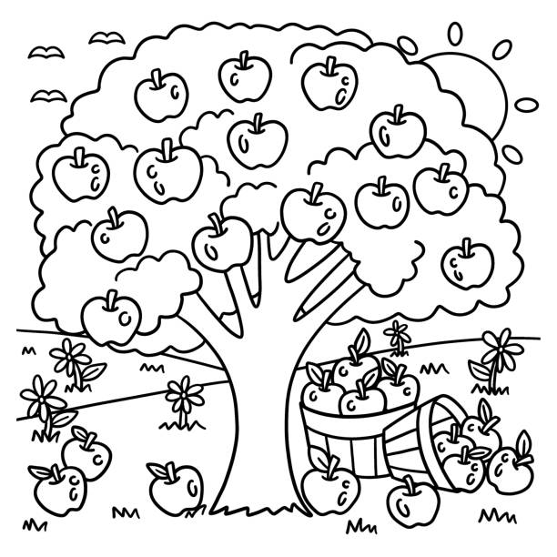 kolorowanka jabłoń dla dzieci - tree book apple apple tree stock illustrations