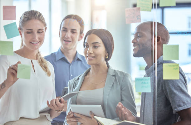 istock Sticky notes, planning and collaboration or teamwork from diversity team of designer, marketing or advertising worker. Thinking, partnership and strategy at employee business meeting for success idea 1433315959