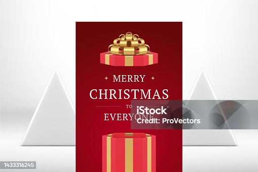 istock Premium red gift box Merry Christmas greeting card template realistic 3d icon vector illustration 1433316245