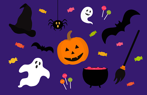 Halloween Pattern With Pumpkin, Ghost, Witch Hat And Candies On Purple Background