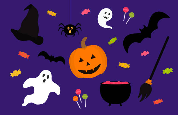 Halloween Pattern With Pumpkin, Ghost, Witch Hat And Candies On Purple Background vector art illustration