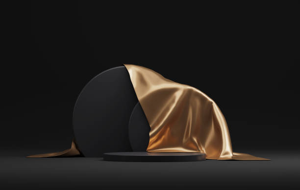 istock Round podium base with gold silk on luxury black abstract background 1433317615