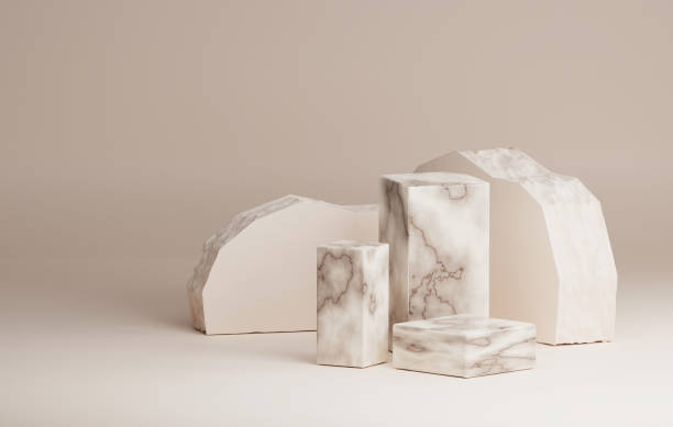 istock Marble square base with yellow cream cracked stone wall with jagged edges on abstract cream color background 1433317680