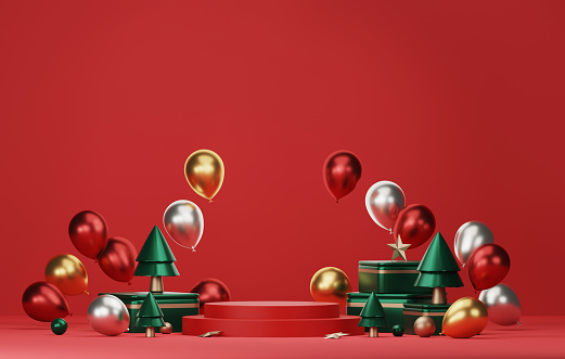 Round base podium decorated with gold, silver and red balloon gift boxes with trees for christmas and new year abstract background. Advertising of products in the exhibition area. 3D render illustration