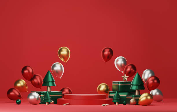 Round base podium decorated with gold, silver and red balloon gift boxes with trees for christmas and new year abstract background. Round base podium decorated with gold, silver and red balloon gift boxes with trees for christmas and new year abstract background. Advertising of products in the exhibition area. 3D render illustration red poinsettia vibrant color flower stock pictures, royalty-free photos & images