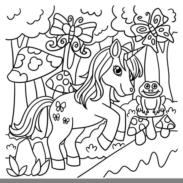 unicorn in a forest malvorlage für kinder - pilze wald deutschland stock-grafiken, -clipart, -cartoons und -symbole