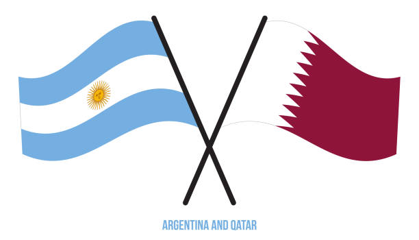 argentinien und katar flaggen gekreuzt und schwenkt flachen stil. offizieller verhältnis. korrekte farben. - argentina qatar stock-grafiken, -clipart, -cartoons und -symbole