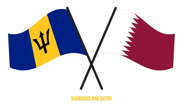 Vector illustration of Barbados and Qatar Flags Crossed And Waving Flat Style. Official Proportion. Correct Colors.