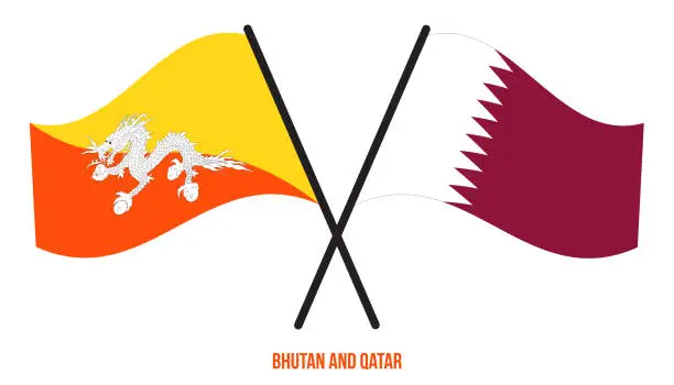 Vector illustration of Bhutan and Qatar Flags Crossed And Waving Flat Style. Official Proportion. Correct Colors.