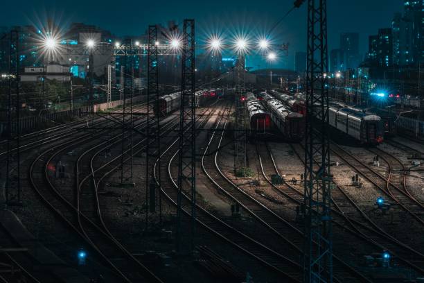 istock Railway station with trains at night 1433327748