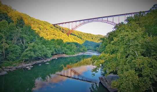 A low angle shot of New River Gorge Bridge over New River Gorge in Victor, West Virginia