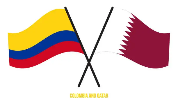 Vector illustration of Colombia and Qatar Flags Crossed And Waving Flat Style. Official Proportion. Correct Colors.