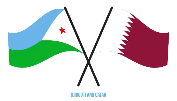 Vector illustration of Djibouti and Qatar Flags Crossed And Waving Flat Style. Official Proportion. Correct Colors.