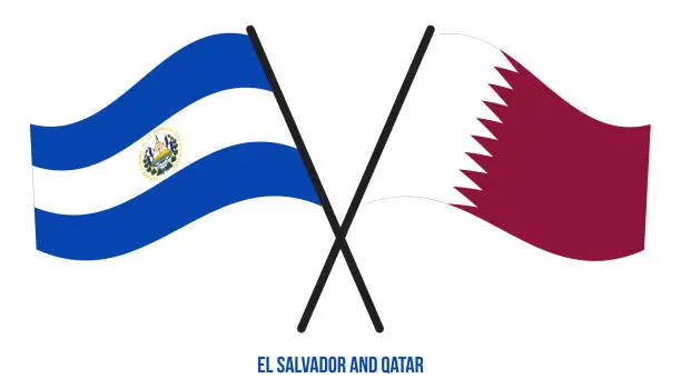 Vector illustration of El Salvador and Qatar Flags Crossed And Waving Flat Style. Official Proportion. Correct Colors.