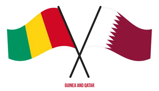 Vector illustration of Guinea and Qatar Flags Crossed And Waving Flat Style. Official Proportion. Correct Colors.