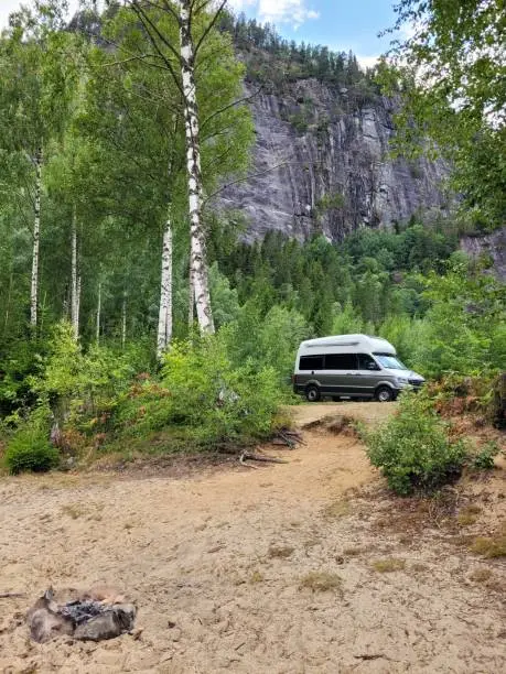 A vertical shot of a gray Volkswagen Crafter standing among trees on the grass with a rocky mountain and sky background