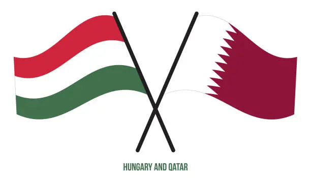 Vector illustration of Hungary and Qatar Flags Crossed And Waving Flat Style. Official Proportion. Correct Colors.