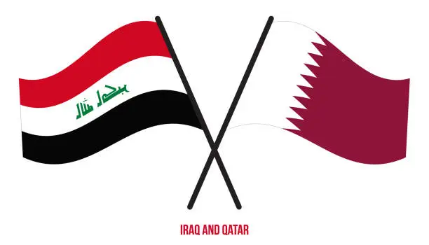 Vector illustration of Iraq and Qatar Flags Crossed And Waving Flat Style. Official Proportion. Correct Colors.