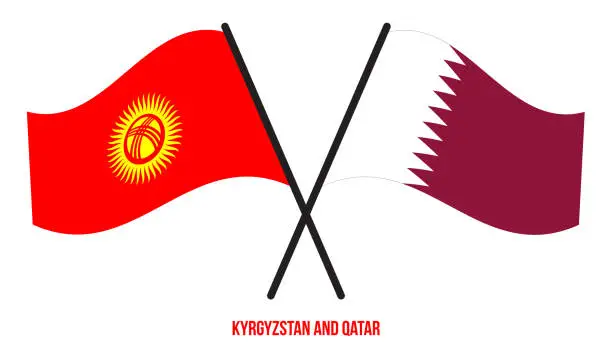 Vector illustration of Kyrgyzstan and Qatar Flags Crossed And Waving Flat Style. Official Proportion. Correct Colors.