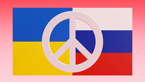 3D rendering of Peace sign symbol with the color of flags on a red background, World peace concept