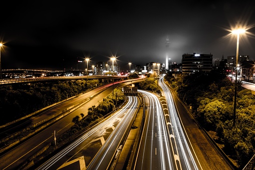 An aerial view of the freeway at night. Auckland, New Zealand