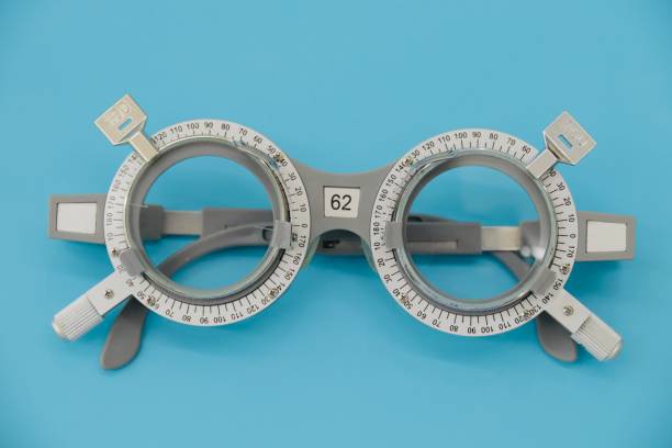 istock Closeup of trial frame on blue, trial frame eyeglasses 1433334124