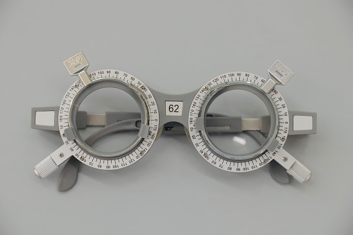 Trial frame eyeglasses on gray