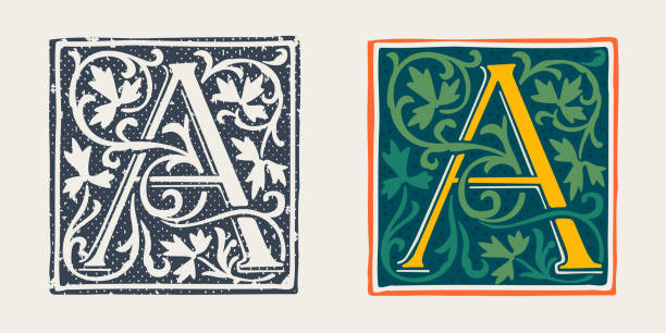 A letter logo in medieval gothic style. Set of dim colored and monochrome grunge style emblems. Engraved initial drop cap. Perfect for vintage premium identity, Middle Ages posters, luxury packaging. clip art of illuminated letter a stock illustrations