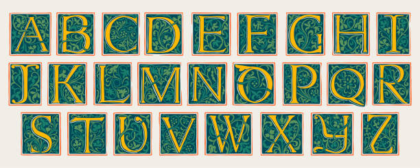 illustrations, cliparts, dessins animés et icônes de alphabet de style gothique médiéval. ensemble d’emblèmes de couleur sombre. - text ornate pattern medieval illuminated letter