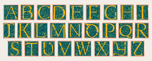 Alphabet in medieval gothic style. Set of dim colored emblems. Engraved initial drop cap. Perfect for vintage premium identity, Middle Ages posters, luxury packaging. clip art of illuminated letter a stock illustrations