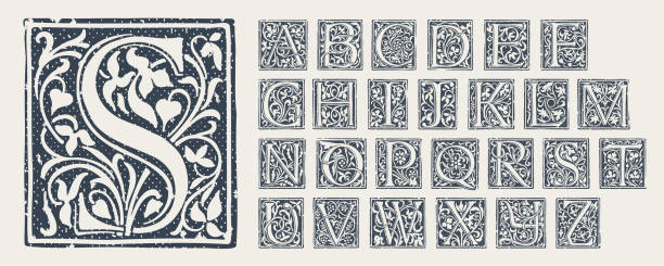 Alphabet in medieval gothic style. Set of monochrome grunge style emblems. Engraved initial drop cap. Perfect for vintage premium identity, Middle Ages posters, luxury packaging. clip art of illuminated letter a stock illustrations