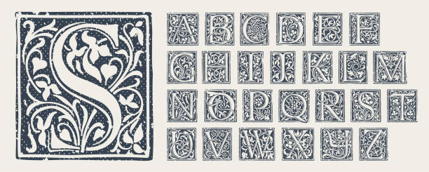 Alphabet in medieval gothic style. Set of monochrome grunge style emblems. Engraved initial drop cap. Perfect for vintage premium identity, Middle Ages posters, luxury packaging. medieval illuminated letter stock illustrations