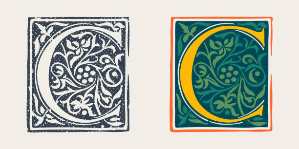 C letter logo in medieval gothic style. Set of dim colored and monochrome grunge style emblems. Engraved initial drop cap. Perfect for vintage premium identity, Middle Ages posters, luxury packaging. clip art of illuminated letter a stock illustrations