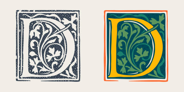 D letter logo in medieval gothic style. Set of dim colored and monochrome grunge style emblems. Engraved initial drop cap. Perfect for vintage premium identity, Middle Ages posters, luxury packaging. clip art of illuminated letter a stock illustrations