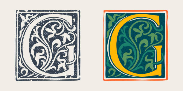 G letter logo in medieval gothic style. Set of dim colored and monochrome grunge style emblems. Engraved initial drop cap. Perfect for vintage premium identity, Middle Ages posters, luxury packaging. clip art of illuminated letter a stock illustrations